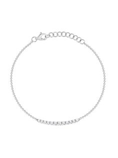 This bracelet is the perfect every day look to remind you to chase all your dreams while looking fabulous! Made of 14k gold and diamonds, this dainty bracelet layers well with any bracelet stack. Dainty White Gold Chain Bracelet, Elegant Everyday Bracelets With Diamond Accents, Timeless Everyday Bracelet With Diamond Accents, Everyday Timeless Sterling Silver Diamond Bracelet, Classic Diamond Bracelet With Delicate Chain, Classic White Gold Diamond Bracelet With Delicate Chain, Dainty Diamond Accented Bracelets For Everyday, Minimalist Diamond Bracelet With Baguette Diamonds, Delicate Diamond Bracelets For Everyday