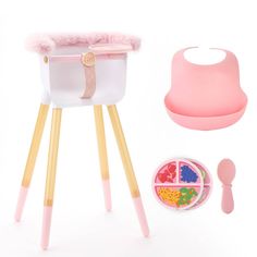 a pink and white doll's play set with food, utensils and accessories