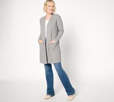 It's layer weather! This nice-and-long, softly ribbed cardi gracefully flows over all your favorite outfits. Reach for it on brisk runaround days or in a chilly office space or theater. Big patch pockets provide a spot to pop your phone, tissues, or streaming snacks. From Susan Graver. Ribbed Long Sleeve Relaxed Fit Outerwear, Relaxed Fit Long Sleeve Ribbed Outerwear, Long Sleeve Ribbed Cardigan For Work, Casual Ribbed Cardigan For Work, Versatile Ribbed Winter Outerwear, Cozy Ribbed Outerwear For Work, Versatile Ribbed Winter Cardigan, Everyday Ribbed Outerwear With Relaxed Fit, Everyday Long Sleeve Ribbed Outerwear