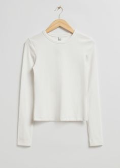 Fitted long-sleeve top with a ribbed finish and a round neckline.Length of top: 54cm / 21.3" (Size S) White Long Sleeve Top, Ribbed Top, Fashion Story, Page Design, Feminine Style, Round Neckline, Access Denied, Personal Style, Long Sleeve Tops