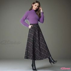 Qteee - Premium High-Waisted Grid Patterned Wool Midi Skirt: Thickened, Flared, Knee-Length Winter Dress Winter Full-length Stretch Skirt, Winter Full Length Stretch Skirt, Non-stretch Full Length Fall Skirt, Casual Purple Skirt For Winter, Stretch Denim Skirt For Fall, Stretch Skirt For Fall, Brown High-waist Winter Skirt, Brown Stretch Skirt For Fall, Purple Skirt For Workwear In Fall