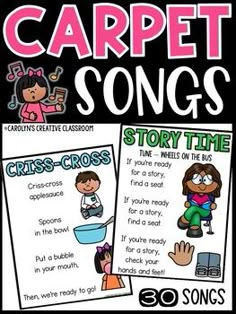 the book cover for carpet songs story time with pictures of children and their names on it