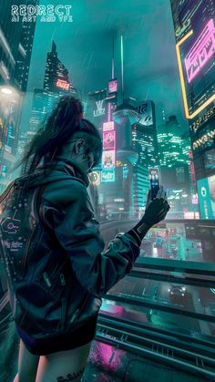 a woman standing in front of a city at night with her cell phone up to her ear