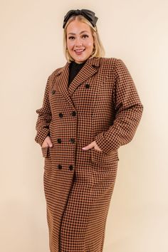 You didn't expect us to design just dresses, right? Meet our first official Ivy City Coat! The Tabitha Coat was designed to take your breath away with a beautiful houndstooth print, double breasted buttons, long sleeves, and a length that is to die for! SIZING TIP: These coats are running sung. We recommend sizing up 1-2 sizes to wear with sweaters. For a better fit, measure yourself and compare your measurements to the size chart. Available in sizes xxs - 5x + kids! Brown Double-breasted Outerwear For Work, Trendy Houndstooth Outerwear For Business Casual, Brown Pea Coat For Workwear In Fall, Brown Pea Coat For Fall Workwear, Brown Fall Pea Coat For Workwear, Brown Fall Pea Coat For Work, Houndstooth Pattern Lapel Collar Outerwear For Work, Houndstooth Pattern Outerwear With Lapel Collar For Work, Brown Pea Coat With Hidden Button Closure For Fall