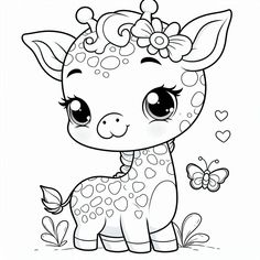 a cute little giraffe with flowers on her head and butterflies around its neck