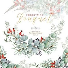 christmas bouquet watercolor clipart with holly, berries and pine cones on white background