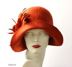 "Rust cloche hat Art Deco Felt hat felted hat Womens hat cloche hat felt hats felted hats Retro hat La belle epoque Art Deco, 1920s hat, Art Hats Rust orange hat cloche hat 1920's woman hat, Gatsby hat, Miss Fisher hat, Unique hat Hats&Caps Accessories Wool Merino wool Handmade Great, very flattering hat in the style of 1920's ! Soft and durable ! Adapts to the head ! Special and unique ! Sophisticated and elegant ! This hat is in rust/orange color with leaves in shades of rust/orange I can Elegant Handmade Felt Hat With Short Brim, Fitted Felt Cloche Hat With Wide Brim, Fitted Wide Brim Felt Cloche Hat, Elegant Wide Brim Handmade Felt Hat, Elegant Handmade Wide Brim Felt Hat, Fitted Felt Cloche Hat, Cloche Felt Hat For Kentucky Derby, Adjustable Felt Cloche Hat, Adjustable Cloche Felt Hat