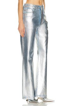 Find PACO RABANNE Metallic Wide Leg Pant In Metallic Silver on Editorialist. RABANNE Metallic Wide Leg Pant in Metallic Silver 100% cotton. Made in Italy. Hand wash. Zip fly with button closure. 5-pocket styling. Coated denim fabric with metallic RABANNE back patch. PCRB-WJ3. 23HCPA310CO0487. About the designer: At once sculptural and seductive, Paco Rabanne’s eponymous clothing line experiments with looks made from molded plastics, hammered metal, aluminum jersey and knitted fur. His iconic chainmail dresses, championed by the likes of Francoise Hardy, Jane Birkin and Audrey Hepburn, helped define an era of shape-shifting fashion and remain emblematic of the house today. Through the years, the label has expanded to include a full line of Mens and Womens ready-to-wear, accessories and frag Metallic Straight Leg Pants With Five Pockets, Modern Metallic Straight Leg Pants, Metallic Straight Leg Work Pants, Metallic Straight Leg Pants For Work, Metallic Straight Leg Pants For Spring, Coated Denim, Francoise Hardy, Chainmail Dress, Jane Birkin