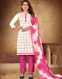 Designer Party Wear Khadi Cotton Salwar Suit Processing Time : 8-10 Business Days Work : Print Dupatta Fabric: Top : Khadi Cotton Bottom : Heavy Cotton Dupatta : Najmen Saboori Color: Top : White Bottom : Pink Dupatta : Pink #salwarkameezimage #salwarkameezstore #salwarset #churidarsuitdesign #indiansalwarsuitsdesigns #trendysuitsforladies #salwarkammez #suitsinindia #newindiansuits #buysalwarsuitsonline #indiansalwarkameezonlinefreeshipping White Fitted Salwar Kameez For Spring, Fitted Cotton Palazzo Set In Pink, Fitted Cotton Pink Palazzo Set, Pink Fitted Cotton Palazzo Set, Fitted White Cotton Pant Set, Fitted Churidar For Spring, Fitted Pink Lawn Suit With Long Sleeves, Pink Long Sleeve Churidar For Spring, Fitted Cotton Salwar Kameez For Spring