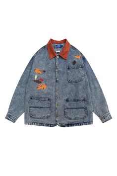 leaves embroidery denim jacket, vintage denim jacket, blue jean jacket, 90s jackets Long Sleeve Denim Jacket With Patches, Cotton Denim Jacket With Graphic Print, Cotton Denim Jacket With Patches For Winter, Winter Cotton Denim Jacket With Patches, Embroidered Denim Outerwear For Streetwear, Cotton Button-up Outerwear With Patches, Casual Denim Outerwear With Embroidered Patch, Denim Jacket With Patches And Long Sleeves, Denim Jacket With Patches Long Sleeve