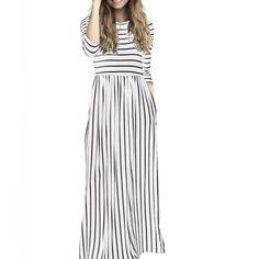 Women’s Black And White Stripe 3/4 Sleeve Maxi Dress Size Medium Approximate Measurements Pit-Pit 15” Waist 13.5” Top-Bottom 57” Dress Has Stretch To It! Wd03 Brand New Without Tags. Has Pockets And Super Lightweight But Not See Through. Offers Welcome!!! White Casual Maxi Dress With 3/4 Sleeves, Casual White Maxi Dress With 3/4 Sleeves, Spring White Half Sleeve Maxi Dress, White Half Sleeve Maxi Dress For Spring, Casual 3/4 Length Maxi Dress, Casual White Maxi Dress For Fall, White Casual Half Sleeve Dress, Casual White Dress With 3/4 Sleeves, Casual Black 3/4 Length Dress