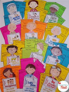 a bunch of children's bookmarks with pictures of people on them in different colors