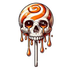 a skull with an orange swirl on it's head and the letter s is dripping from