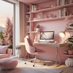 a room with pink walls and shelves filled with books, plants and a computer on a desk