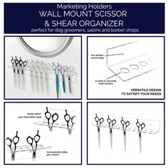 the instructions for making wall mount scissors and shear organizer are shown in three different pictures