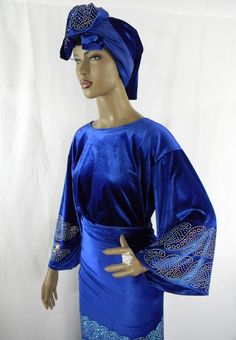 "Velvet With Stones Design/Nigerian Party Outfits/Trendy African Velvet Outfits/Ready Made Velvet 3 Piece Set Wrapper, Buba & Gele/Royal Blue Measured While Laying Flat: Size: L/56 Armpit to Armpit: 23.5\" (Full Chest: 47\") Shoulder To Bottom: 24.5\" Sleeve Length From Neckline: 22\" Wrapper: Wide: 68; Length: 49\" ~~Gele: L/56\" & W/18\" Size: XL/58 Armpit To Armpit: 24\" (Full Chest: 48\") Shoulder To Bottom: 25\" Sleeve Length: 22.5\" Wrapper: Wide: 70\"; Length: 50\" ~~ Gele: L/56\" Fitted Royal Blue Sets For Festivals, Royal Fitted Party Sets, Royal Style Long Sleeve Party Sets, Royal Long Sleeve Party Sets, Royal Blue Party Sets For Festivals, Fitted Blue Sets For Celebration, Royal Blue Party Sets, Velvet Outfits, Nigerian Party