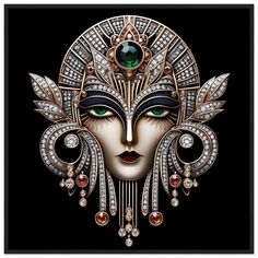 the face of a woman with green eyes and ornate headdress on black background