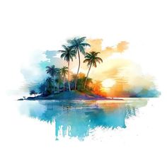 watercolor painting with palm trees on an island in the ocean at sunset or sunrise