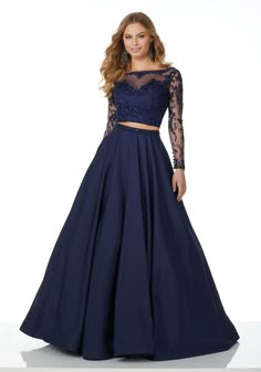 Two Piece Prom Dress with Taffeta Skirt and Embroidered Long Sleeve Net Top Long Skirt Top Designs, Mori Lee Prom Dresses, Long Skirt And Top, Party Dresses With Sleeves, Making A Wedding Dress, Lehenga Designs Simple, Lehnga Dress, Indian Gowns Dresses, Mori Lee