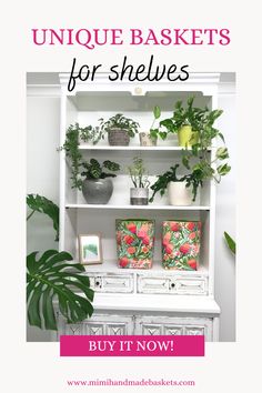 a white bookcase with plants on it and the text unique baskets for shelves buy it now