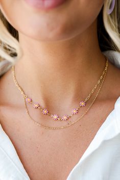 Cute and colorful meets upscale vibes in the Bridget Gold Flower Charm Layered Necklace! This trendy necklace features two layers of gold chains with flower charms. Style the Bridget Necklace with any outfit to instantly add a chic touch to your look! Available in 3 colors. Gold Plated Layered Flower Charms Lobster Clasp with Extender Layer 1 | Length 7.5" Layer 2 | Length 7" Extender | Length 3" Trendy Flower Necklace With Flower Charm Pendant, Trendy Flower Pendant Necklace With Charm, Trendy Flower Necklace With Flower Pendant, Cute Gold Jewelry For Spring, Trendy Summer Flower Charm Necklace, Trendy Flower Necklace For Spring, Gold Feminine Necklaces For Spring, Trendy Flower Charm Necklace For Spring, Feminine Gold Necklace For Spring