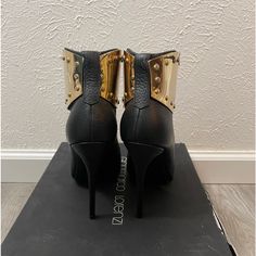 Brand New - Box - Dusters Included Gold Calf Leather Heels With Round Toe, Gold Round Toe Calf Leather Heels, Formal Studded Heels In Calf Leather, Formal Studded Calf Leather Heels, Formal Calf Leather Heels With Studs, Luxury Formal Boots With Metal Feet, Leather Ankle Boot Heels With Metal Feet, Luxury Ankle Boots With Leather Sole, Leather Ankle Boots With Metal Feet