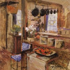 a painting of a kitchen with pots and pans on the stove