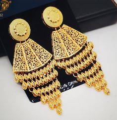 Party Bridal Earrings Dubai Gold Plated Large  Weddings Chandelier Traditional Drop Clip-on Earrings For Party, Gold Chandelier Earrings For Formal Festivals, Gold Chandelier Earrings With Latkans For Wedding, Gold Plug Earrings For Wedding With Pierced Ears, Gold Plug Earrings For Weddings, Gold Filigree Danglers For Wedding, Gold Dangle Earrings For Wedding, Traditional Drop Plug Earrings For Party, Traditional Gold Hoop Earrings For Party