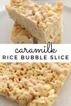 caramel rice bubble slice on a white plate with the text overlay above it