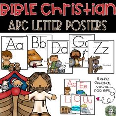 the bible christian abc letter posters with pictures of jesus and his people on them,