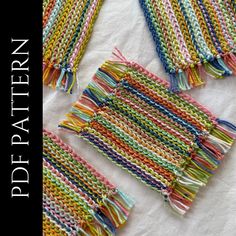 three pieces of multicolored woven fabric with fringes on them and the words diy pattern written in white