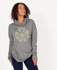 Wear this Mushroom Mandala Cowl Yoga Hoody to emit nothin' but good, mushroom vibes. Mesmerize your mind into its mushroom mandala print and dash of celestial magic! Our mushroom hoody is designed with raw hems at the sleeves and bottom, with a center back seam, longer length, a slight slouch cowl neck in the front, and a lined hood in the back. Size up for a looser fit. Eco Gray. Mushroom Vibes, Mushroom Mandala, Beautiful Boho Dresses, Sixties Dress, Cotton Sports Bra, Organic Cotton Leggings, Celestial Magic, Cotton Bralette, Tie Dye Tunics