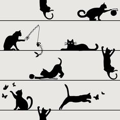 four black cats on wires with one cat catching a ball and the other chasing it