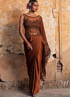 Dark Copper Pre Draped Saree Set Nitika Gujral - Fabilicious Fashion Pre Draped Saree, Crystal Work, Draped Saree, Crystal Embroidery, Formal Parties, Bridal Lehenga Red, Drape Saree, Ready To Wear Saree, Indian Wedding Wear