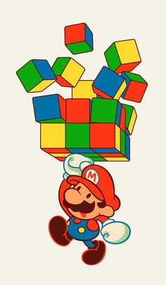 an image of mario running with cubes on his head and the word super mario above it