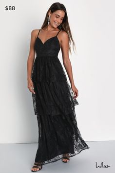 Head out the door with a look everyone will love in the Lulus Tier I Go Black Lace V-Neck Sleeveless Tiered Maxi Dress! This chic dress has a lightweight, floral lace composition that falls from adjustable spaghetti straps into a flattering V-neckline and a princess-seamed bodice. Set-in waist sits atop a flouncy, tiered skirt that ends at a chic maxi hem. Deep V-back creates a flirty finish! Hidden back zipper/clasp. Fit: This garment fits true to size. Length: Floor length. Size medium measure Sleeveless Scalloped Lace Maxi Dress For Party, Sleeveless Maxi Dress With Scalloped Lace For Party, Black Sleeveless Maxi Dress With Lace Back, Black Sleeveless Maxi Dress With Lace Bodice, Sleeveless Lace Maxi Dress With Lace Bodice, Lace Bodice Sleeveless Maxi Dress, Sleeveless Scalloped Lace Dress For Date Night, Sleeveless Lace Back Dress, Sleeveless Lace Dress With Lace Back