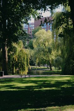 the park is full of trees, benches and water in front of a large building