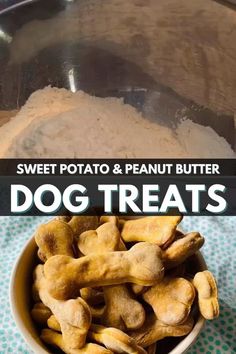 a bowl filled with dog treats next to a pan full of peanut butter and sugar