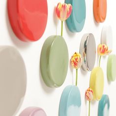 a group of colorful vases mounted to the side of a wall with flowers in them