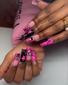 Hot Pink And Black Nail Ideas, Hot Pink Junk Nails, Rockstar Nails Aesthetic, Medium Pink Acrylic Nails, Black And Pink French Tip Nails, Nails Acrylic Summer 2024, Dark Pink Nails Designs, Nails Moon, Dark Pink Nails