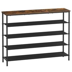 an industrial shelving unit with three shelves and one shelf on each side, in black