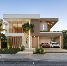 two cars are parked in front of a modern house with palm trees on the side