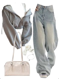 OOTD: Zip Up Cropped Hoodie + Boyfriend Jeans + Shoulder Bag Cute Fits With Jeans For School, Off The Shoulder Jacket Outfit, Grey Cropped Zip Up Hoodie Outfit, Outfit Ideas Not Basic, Cute Outfits For 10-12, How To Style A Zip Up Hoodie, Hoodies Styling, Cute Clothes Outfits, Dress Up Outfits For School