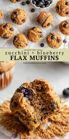 blueberry flax muffins stacked on top of each other with the words zucchini and blueberry flax muffins above them