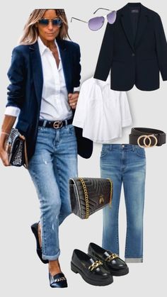 Early Fall Jeans Outfits, Penny Loafer Outfits Women Fall, Business Casual Blue Jeans, Blazer And Tee Shirt Outfit Women, Outfits With Denim Vests For Women, Edgy Fashion For Over 50, J Crew Lady Jacket Outfit, Fall Styles For Women Over 40, Snappy Casual Outfits For Women