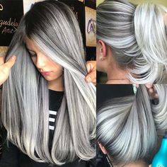 Charcoal Hair, Silver Hair Highlights, Ice Blonde Hair, Bob Haircut Curly, Multicolored Hair, Long Gray Hair