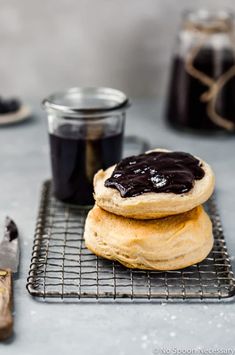 two blueberry butter pancakes on a cooling rack