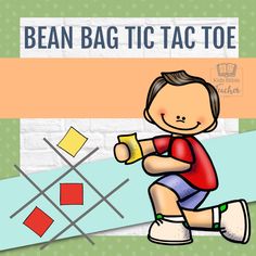 an image of a boy holding a piece of paper with the words bean bag tac toe on it