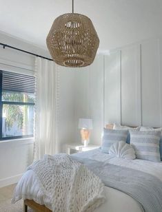 a bedroom with white walls and blue accents