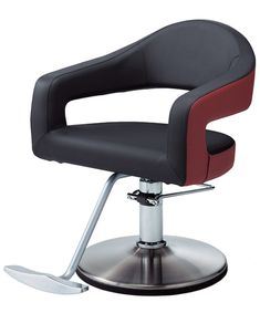 a black and red chair sitting on top of a metal base